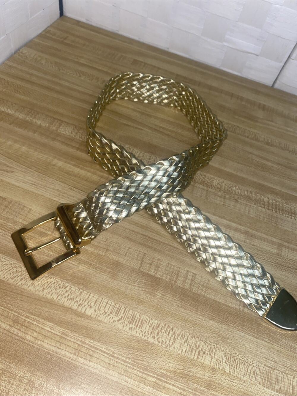 80s Women’s Metallic Gold Lamée Belt Woven Plaited Braided Square Buckle M/L